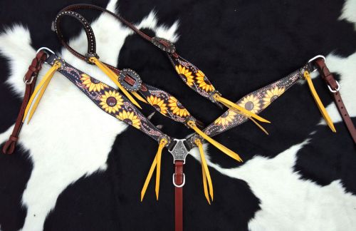 Showman Hand Painted Sunflower Print One Ear Headstall and Breast collar Set #2